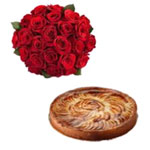 Send bunch of red roses with tart cake which makes...