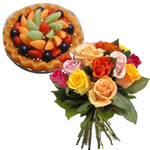 Beautiful bouquet of mix roses with a fruit pie th...