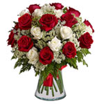 Red & White Roses In Vase