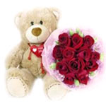 Cute Teddy Bear With Red Roses Bunch