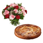 Bunch of red and pink roses with apple pie. It is ...