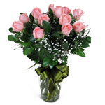 12 Pink Roses in a glass vase