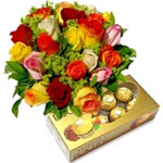Bouquet of Twelve long-stemmed mixed roses are arranged with solidago. It Includ...