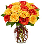 Beautiful combination of one dozen long stem roses in yellow and orange with add...