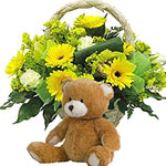 This sweet yellow mix flowers basket with a tender teddy. Your friendship feelin...