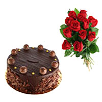Elegant Chocolate Heaven Cake with 12 Red Roses