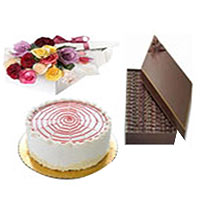 Elegant Combo Surprise of Spiral Vanilla Cake, Chocolate Box and 6 Red Roses