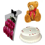 Precious Vanilla Cake, Sweet Teddy and Gorgeous 12 Pink Roses