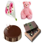 Wonderful Fourth Dimension made of Chocolate Cake, Chocolate Box, Teddy Bear and Gerberas