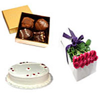 Delightful Trio of Vanilla Cake, Chocolates and Roses