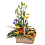 A impressive yellow, orange and purple basket arra...