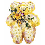 This adorable teddy bear baby tribute contains elegant roses, ivy, chrysanthemum...