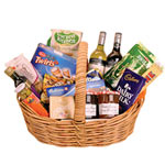 A gorgeous large gourmet hamper made up of fresh red and white wine, cracker mix...
