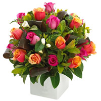Enchanting Selection of Mixed Roses and Seasonal Flowers in White Pot <br>