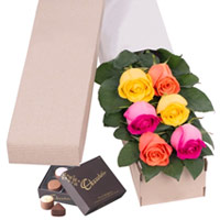 Dazzling Assemble of Six Long Stemmed Mixed Roses in Gift Box