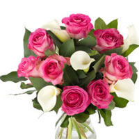 Passionate Bunch of Pink Roses with White Calla Lilies