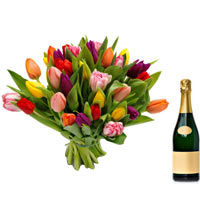 Rich Composition of Colorful Tulips with Sparkling Champagne
