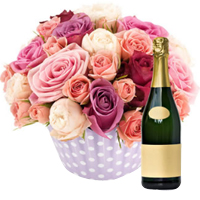 Stunning Mixture Shades of Roses Bunch with Sparkling Champagne