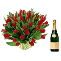 Tropical Red Tulips Wishful Bouquet with Bottle of Champagne