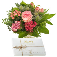 Vibrant Festive Pink Floral Bouquet with Lindt Pralines Chocolate