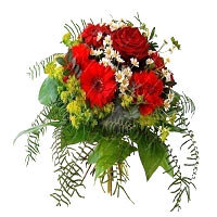 It is tied with red roses, carnations, gerberas, K...