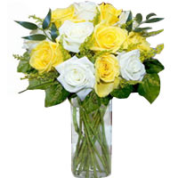 Cheerful Bunch of 1 Dozen Yellow N White Roses in a Vase