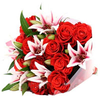 Charming Red Roses and Lilies Bouquet