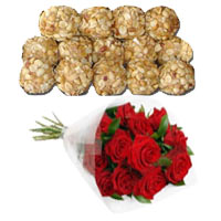 Delicious Badam Laddu from Banoful and Blissful Red Roses Bouquet