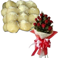 Indulgent 1 kg. Rosogolla from Banoful with Exotic Red Roses Bouquet