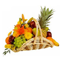 Freshly Harvested Fruit Basket with Mixed Flower