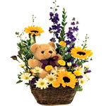 Cheerful Flower Basket With Bear
