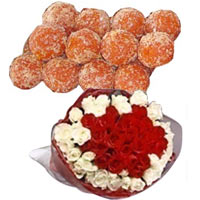 Tempting Kodom Laddu from Banoful N Captivating White and Red Roses Bouquet