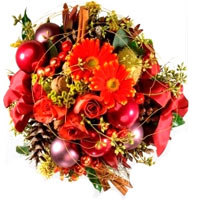 A beautiful New Year bouquet in red colours with New Year ornaments...