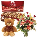 Appealing Gift of Chocolate, Teddy and Flowers Bouquet