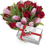 Red And Pink Tulip With Chocolate Box