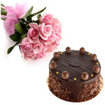 Divine Duo of Pink Roses and Chocolate Cake