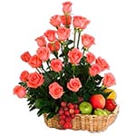 Exotic Fruits Basket with 12 Pink Roses