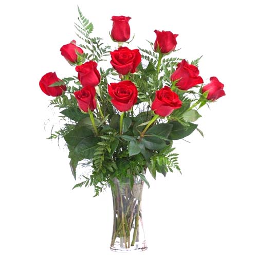 12 Roses in Glass Vase