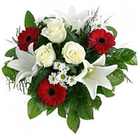 A classic flowers bouquet by roses, lilies, gerberas and chrisanthems...