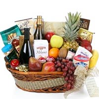 Basket with Wine, Champagne and Fruits