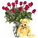 Cuddly Blooms - Dozen Roses with a Teddy