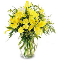 Yellow lilies, yellow freesia, and yellow alstroem...
