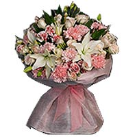 11 pink carnations, 2 white perfume lilies, greens, pink single package, purple ...