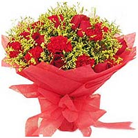 6 red roses, 12 red carnations, matched with greens, red tissue paper to wrap.  ...