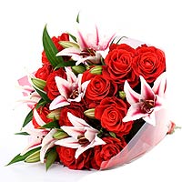 4 stems pink lilies, 18 red roses, matched with gr...