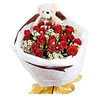 19 red roses, with greens, single packaged banquet, A lovely small bear, bear va...