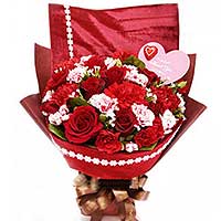 9 red roses, 9 red carnations, 9 pink carnation, matched with greens, dard red ...