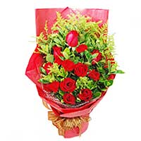 9 red roses, 9 red carnations, matched with greens, red creper paper to wrap, br...