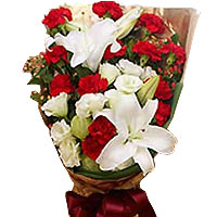 12 red carnations, 9 white roses, 1 perfume lily, match greenery, single side pa...