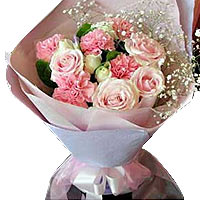 4 pink roses, 4 white roses, 5 pink carnations, ma...